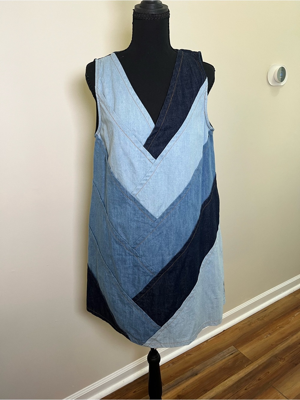 Patchwork V-Neck Denim Mini Dress - Blue